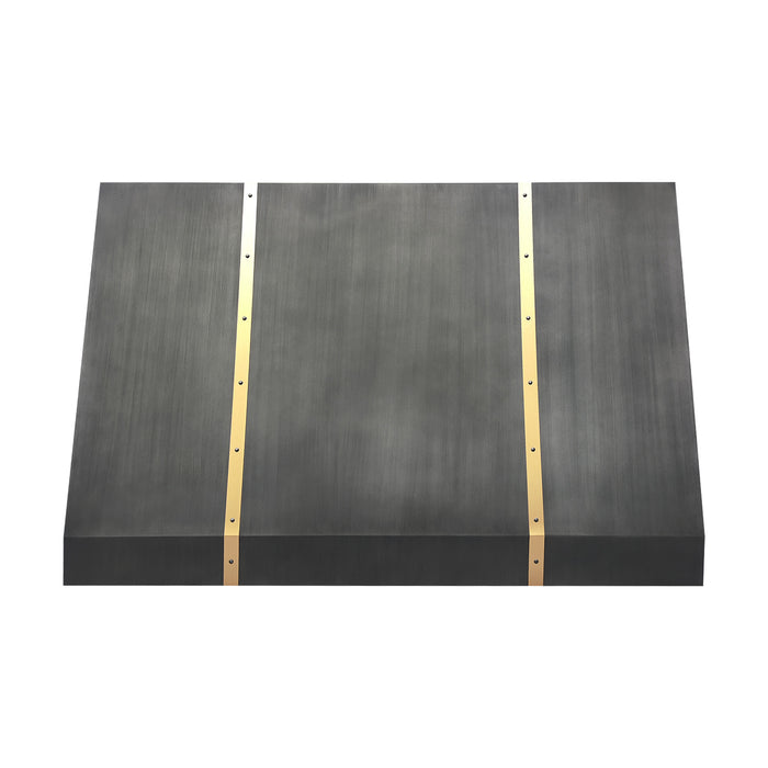 stainless steel range hood with sloped design and brass straps for luxury modern kitchen