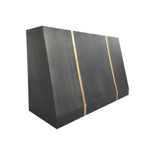 stainless steel range hood with custom slope silhouette and decorative brass accents for contemporary home kitchen