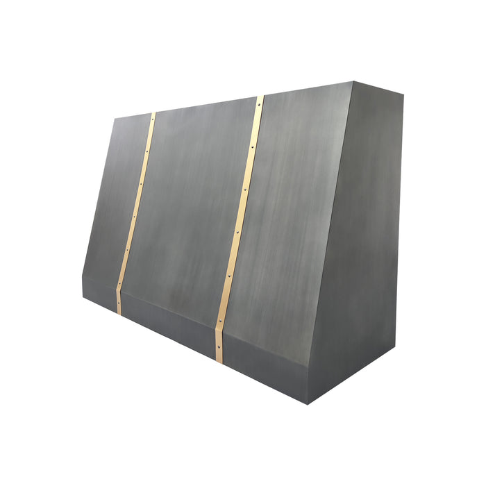 stainless steel range hood with handcrafted brass straps for high-end residential cooking space