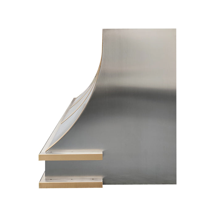 Custom Stainless Steel Slope Range Hood with Brushed Brass Detailing Straps for Industrial-Style Kitchens