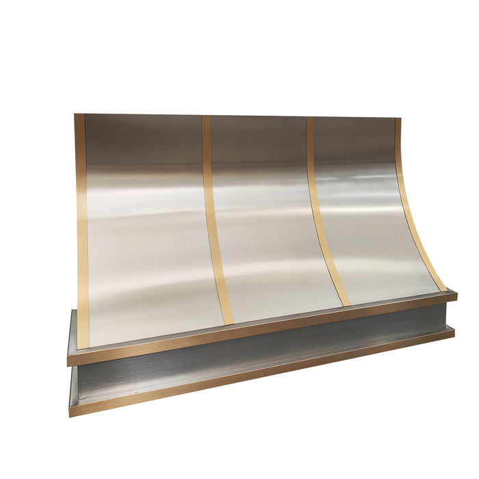 Custom Stainless Steel Slope Range Hood with Handcrafted Brass Decorative Straps for Classic Farmhouse Kitchens
