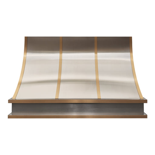 Custom Stainless Steel Slope Range Hood with Brass Accent Straps for Modern Open-Concept Kitchens