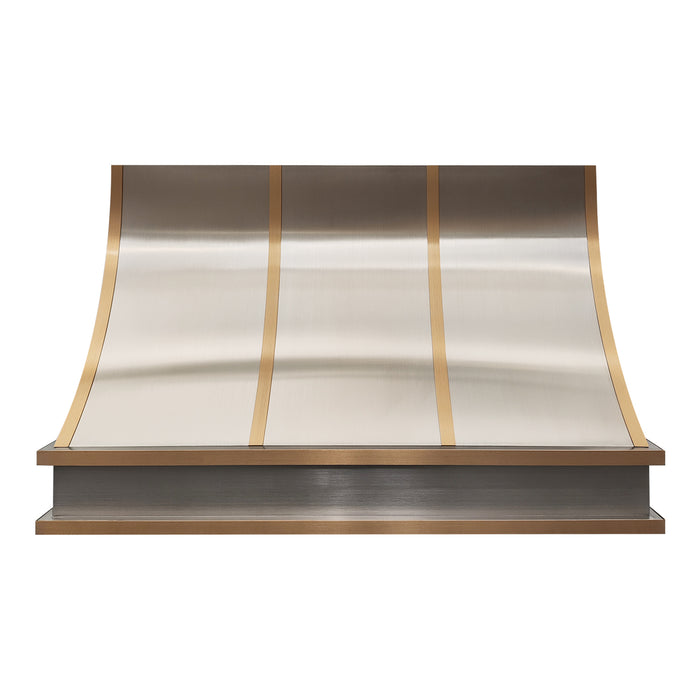 Custom Stainless Steel Slope Range Hood with Brass Accent Straps for Modern Open-Concept Kitchens