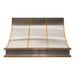 Custom Stainless Steel Slope Range Hood with Brass Accent Straps for Modern Open-Concept Kitchens