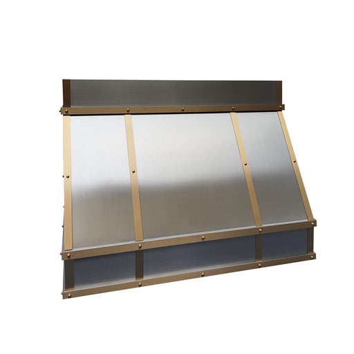 stainless steel range hood with sleek geometric lines for contemporary open space kitchen