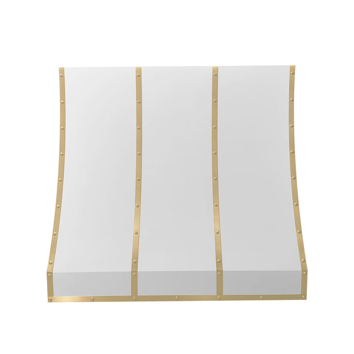 white stainless steel range hood with sloped design and brass straps with rivets for luxury modern kitchen