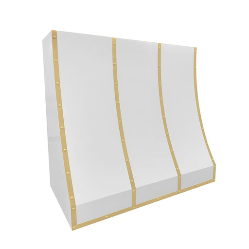 white stainless steel range hood with custom slope silhouette and decorative brass riveted straps for contemporary home kitchen