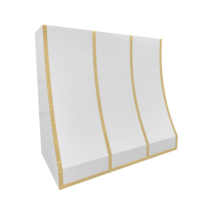 white stainless steel range hood with custom slope silhouette and decorative brass riveted straps for contemporary home kitchen