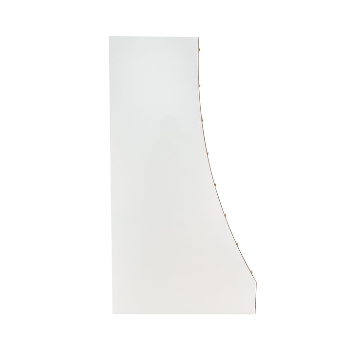 white stainless steel range hood with handcrafted slope design and brass straps for designer gourmet kitchen