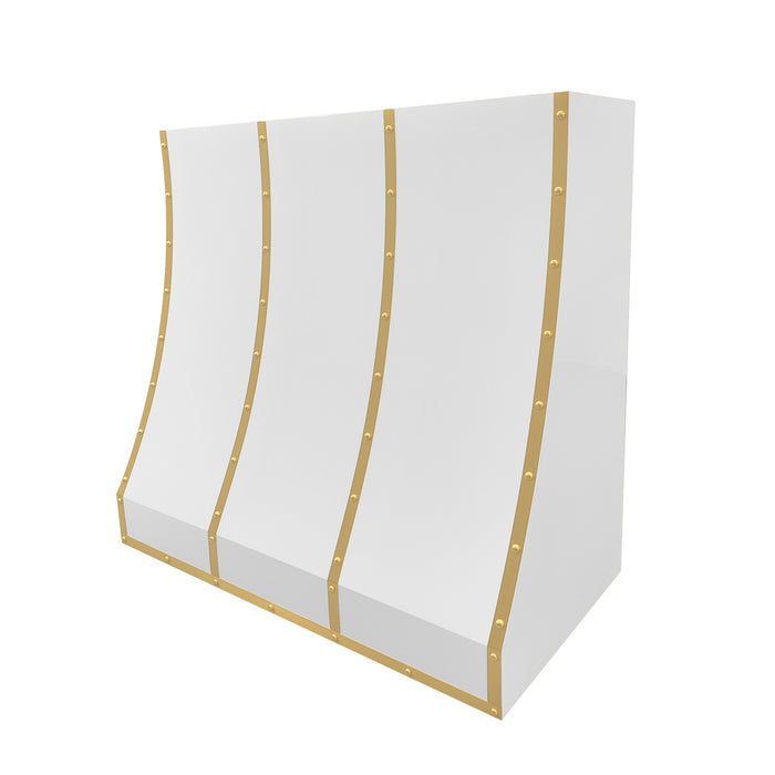 white stainless steel range hood with elegant sloped body and golden brass accents for upscale residential cooking space