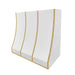 white stainless steel range hood with elegant sloped body and golden brass accents for upscale residential cooking space