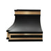 black stainless steel range hood with sleek curved sweep lines and polished brass trim for contemporary open concept kitchen