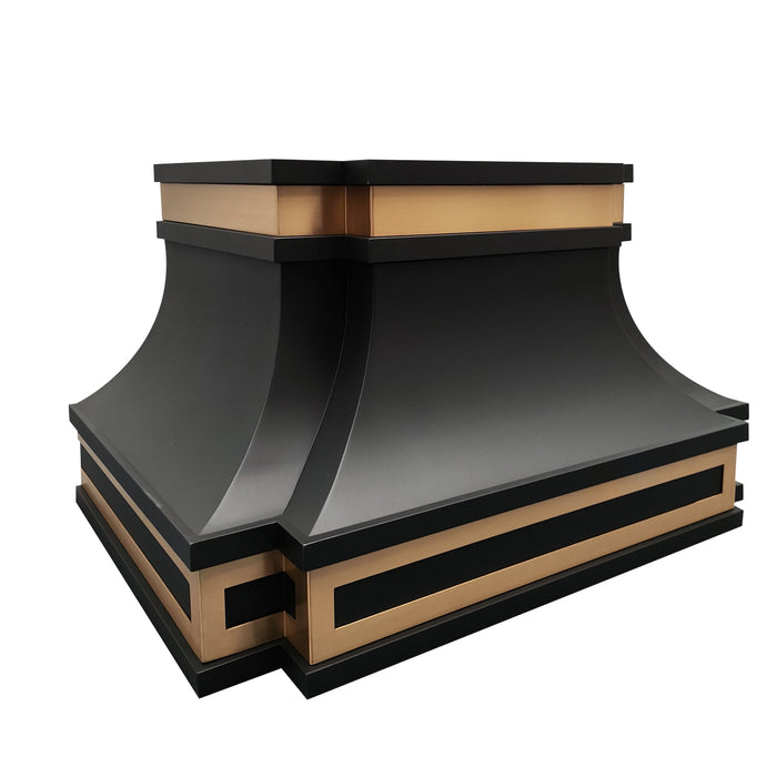 black stainless steel range hood with elegant sweep silhouette and golden brass accents for high-end residential kitchen
