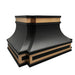 black stainless steel range hood with elegant sweep silhouette and golden brass accents for high-end residential kitchen
