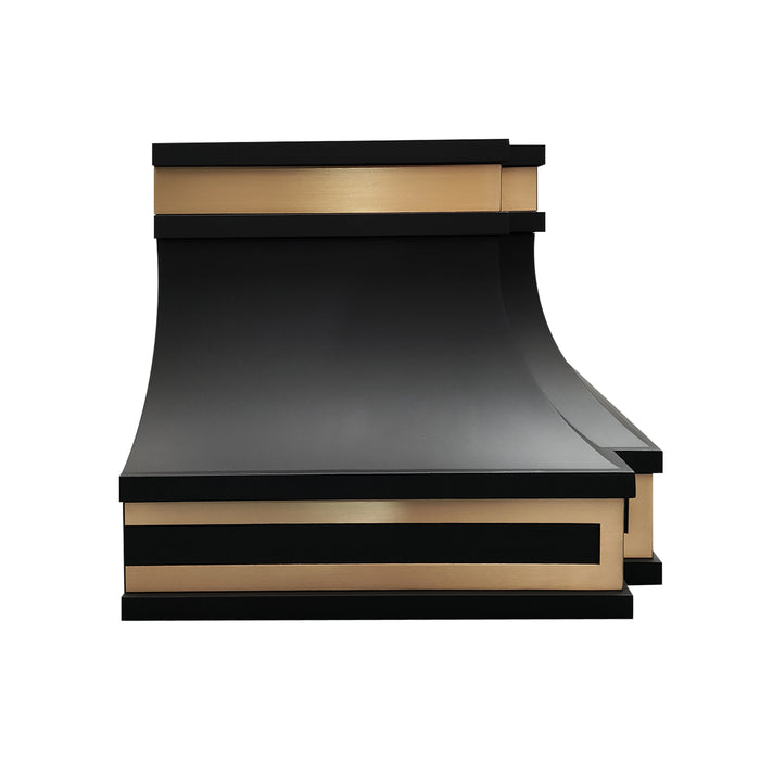 black stainless steel range hood with durable modern sweep construction and decorative brass embellishments for upscale home kitchen