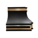 black stainless steel range hood with durable modern sweep construction and decorative brass embellishments for upscale home kitchen