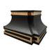 black stainless steel range hood with handcrafted modern curve body and brass detailing for designer gourmet kitchen