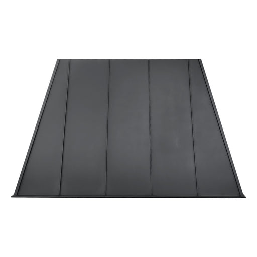 black stainless steel range hood with modern tapered design and raised ribs for contemporary kitchen