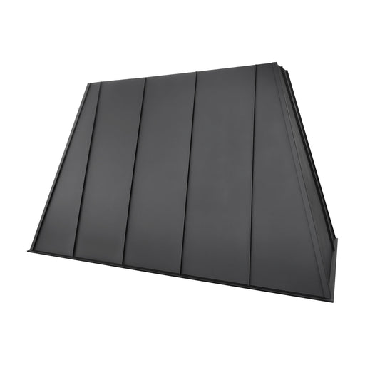 black stainless steel range hood with sleek raised rib accents for luxury open space kitchen