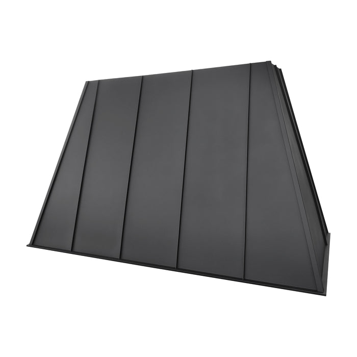 black stainless steel range hood with sleek raised rib accents for luxury open space kitchen