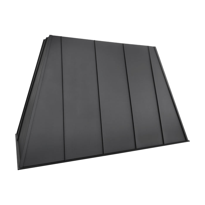 black stainless steel range hood with custom tapered silhouette and vertical ribs for modern residential kitchen