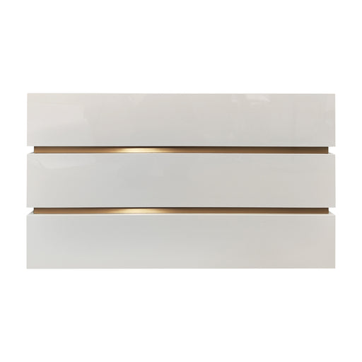 Modern white stainless steel range hood with brass trim accent for contemporary kitchen spaces