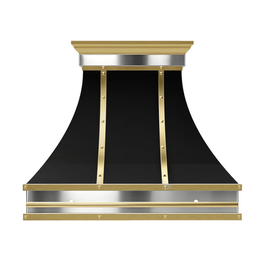 black stainless steel range hood with polished brass straps front view