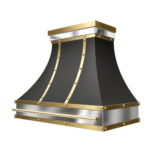 black stainless steel range hood with polished brass straps slope view