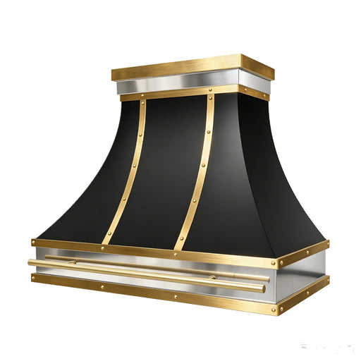 black stainless steel range hood with polished brass straps