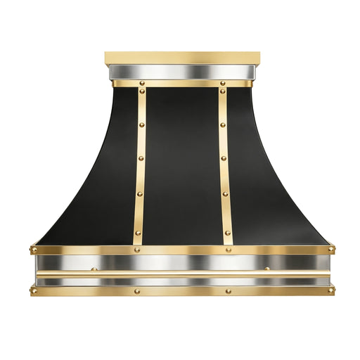 black stainless steel range hood with polished brass straps front view