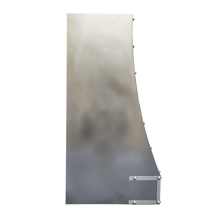 wall mounted stainless steel range hood with unique slope silhouette and sleek bands for minimalist style family kitchens