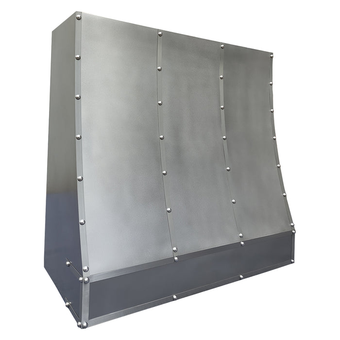 wall mounted stainless steel range hood with tailored slope design and accented bands for contemporary open-concept kitchens