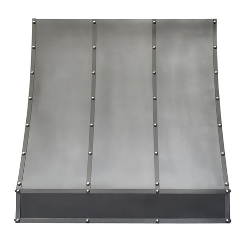 wall mounted stainless steel range hood with custom slope shape and decorative bands for modern home kitchens