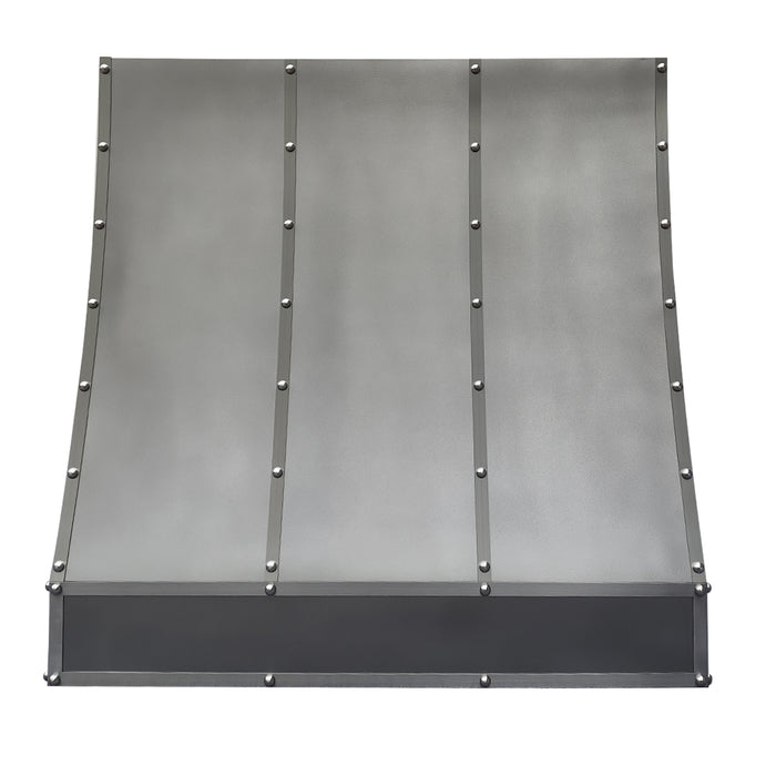 wall mounted stainless steel range hood with custom slope shape and decorative bands for modern home kitchens