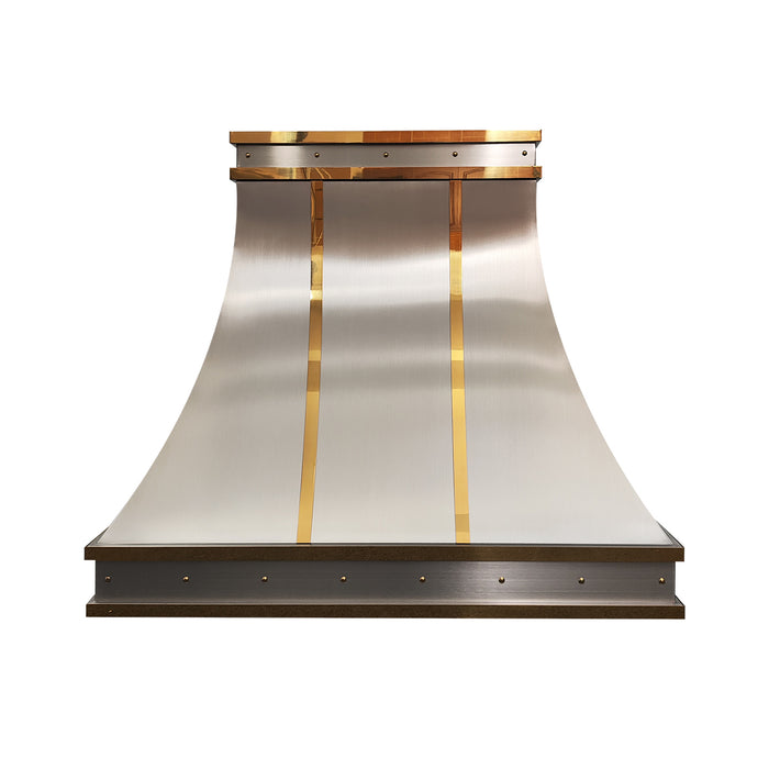 RHM Sweep Brushed Stainless Steel Custom Range Hood with Brass Bands