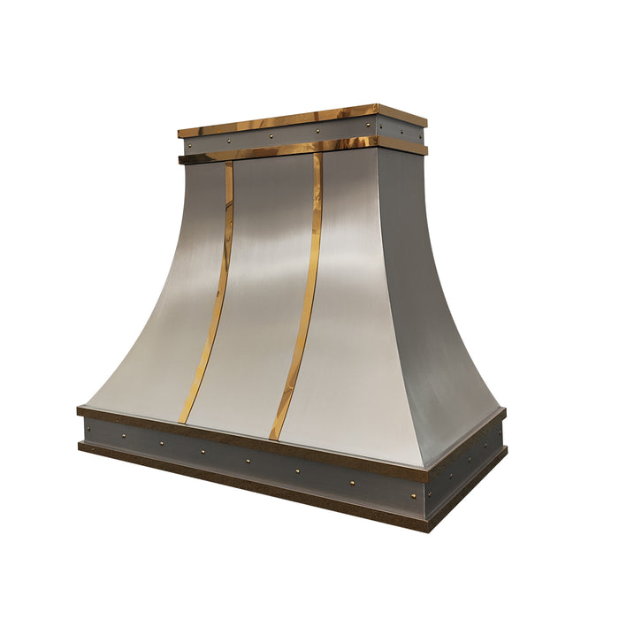 RHM Sweep Brushed Stainless Steel Custom Range Hood with Brass Bands