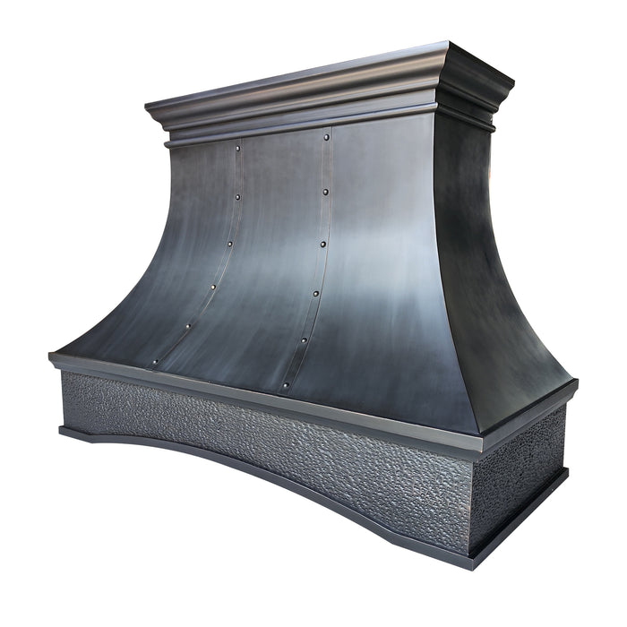 RHM custom black arch copper range kitchen hood with Strap & Riverts