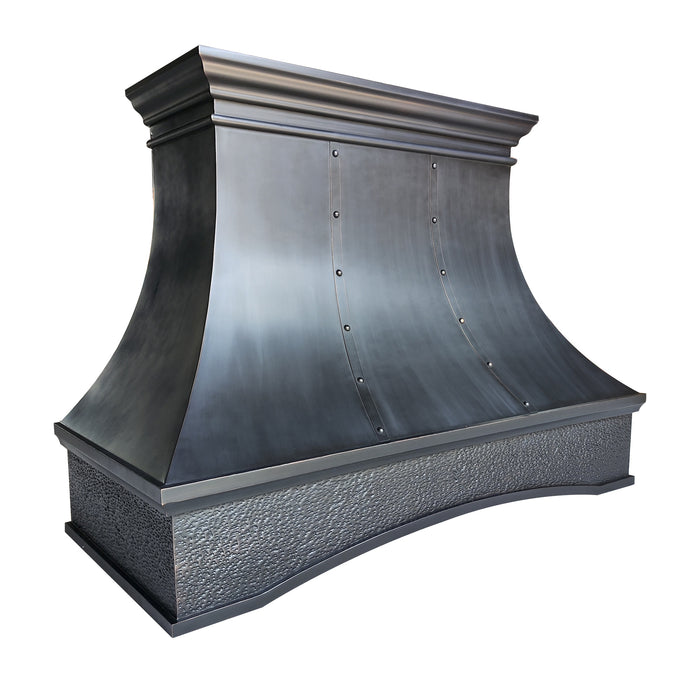 RHM custom black arch copper range kitchen hood with Strap & Riverts