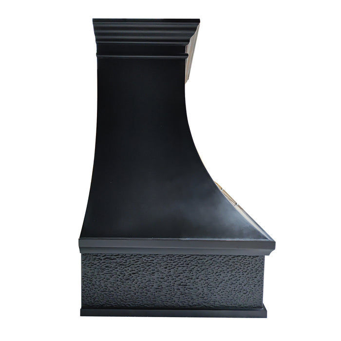 RHM custom black arch copper range kitchen hood with Strap & Riverts