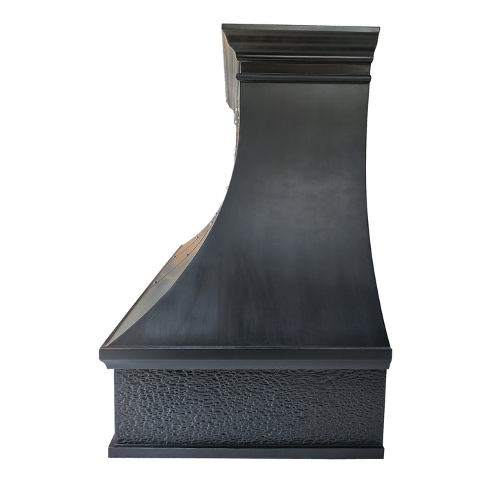 RHM custom black arch copper range kitchen hood with Strap & Riverts