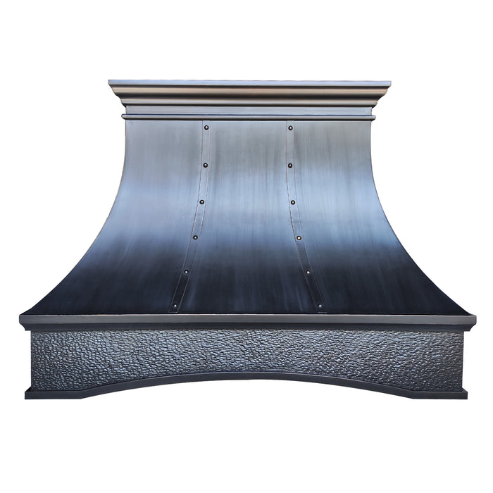 RHM custom black arch copper range kitchen hood with Strap & Riverts