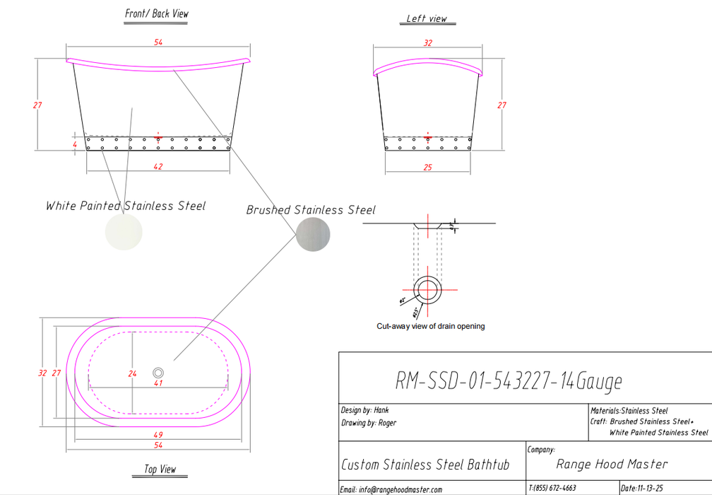 RHM Cast Iron Double Ended  Custom Stainless Steel Bathtub SSD-01 for Akemi