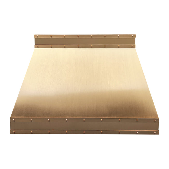Rangehoodmaster brushed brass range hood with strap & rivets