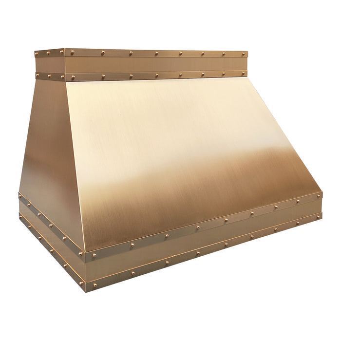 Rangehoodmaster brushed brass range hood with strap & rivets