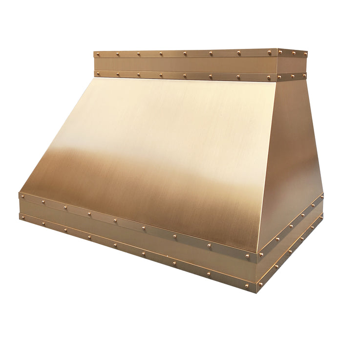 Rangehoodmaster brushed brass range hood with strap & rivets