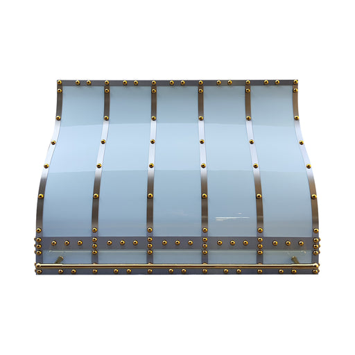 Rangehoodmaster polished blue stainless steel range hood with strap & rivets
