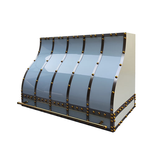 Rangehoodmaster polished blue stainless steel range hood with strap & rivets