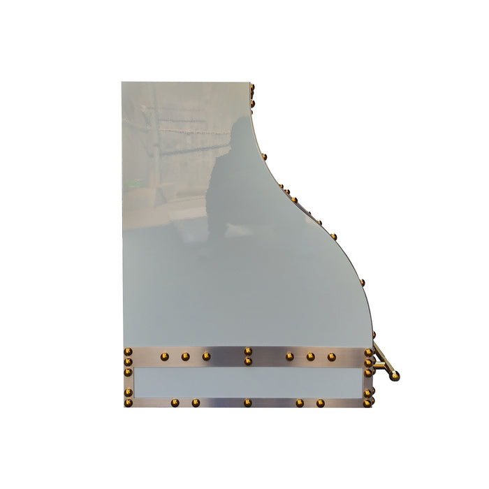 Rangehoodmaster polished blue stainless steel range hood with strap & rivets