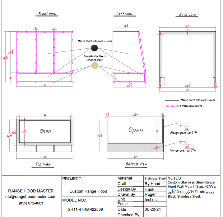 RHM Matte Black Stainless Steel Custom Range Hood with Brushed Brass Straps&Rivets for Steven