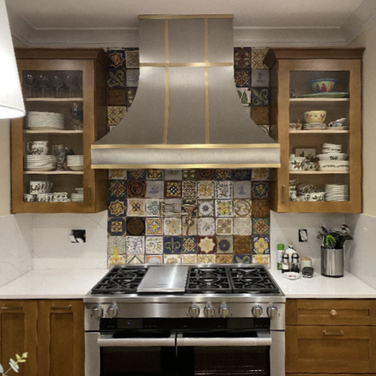 custom stainless steel range hood curve shape SH7 with brass straps chimney design at rangehoodmaster